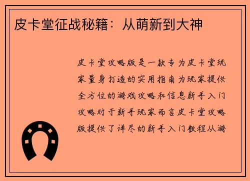 皮卡堂征战秘籍：从萌新到大神