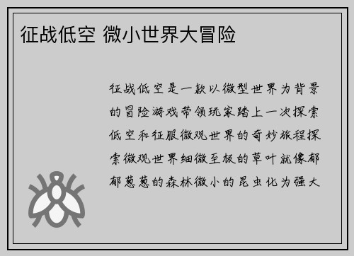征战低空 微小世界大冒险